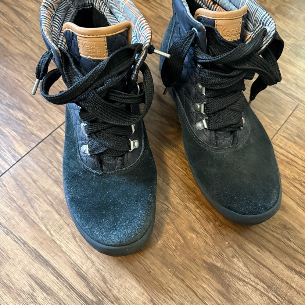 Keds Black Suede High-Top Lace-Up Sneakers with Plaid Lining